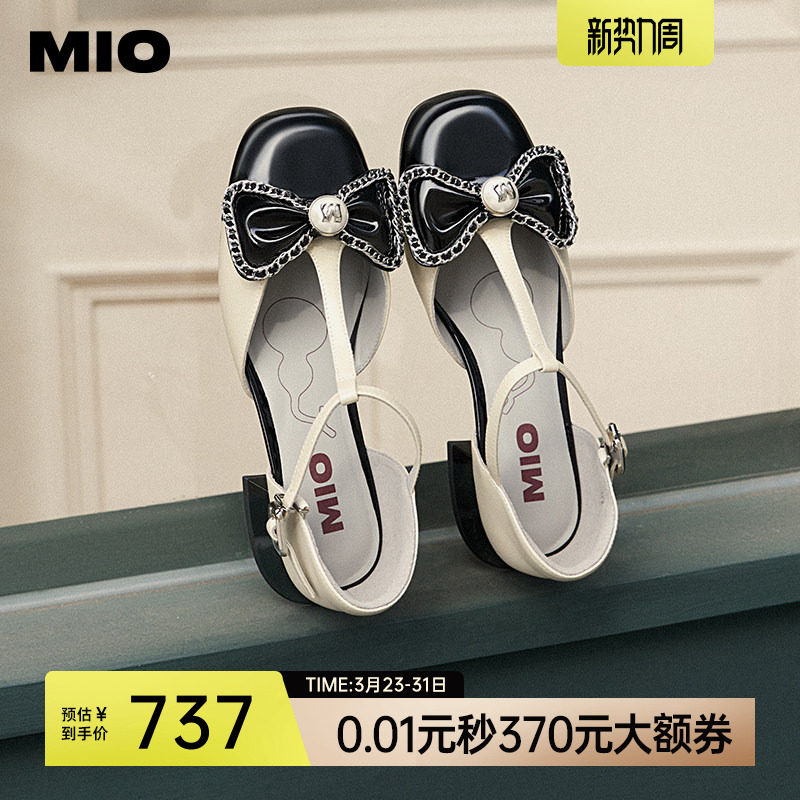 MIO米奥女鞋小香风凉鞋春夏新款甜美链条蝴蝶结法式浅口单鞋皮鞋