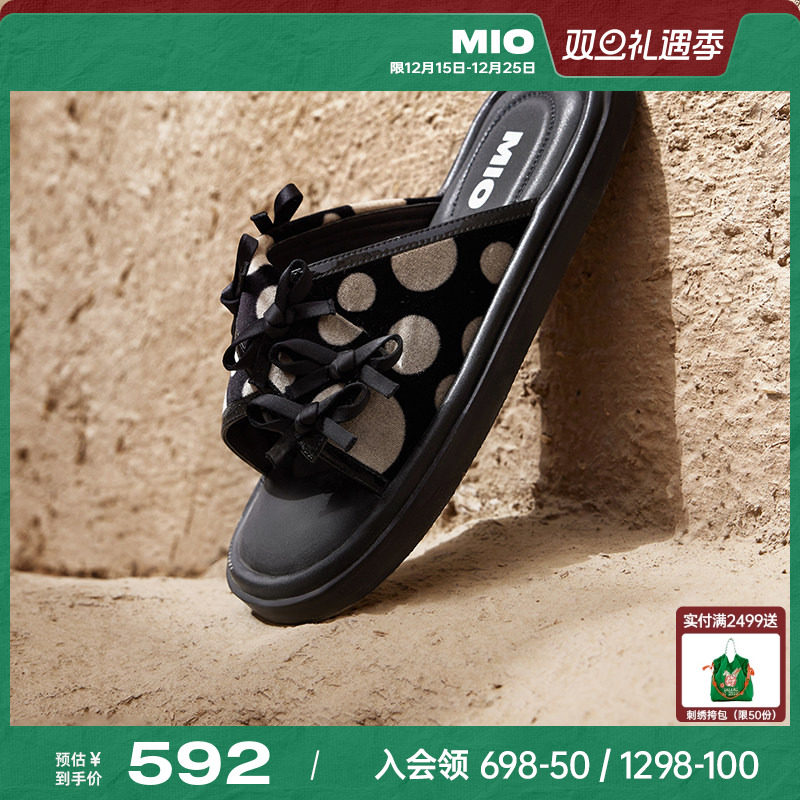 MIO米奥外穿拖鞋女款2025夏季新款法式方头蝴蝶结平底度假一字拖