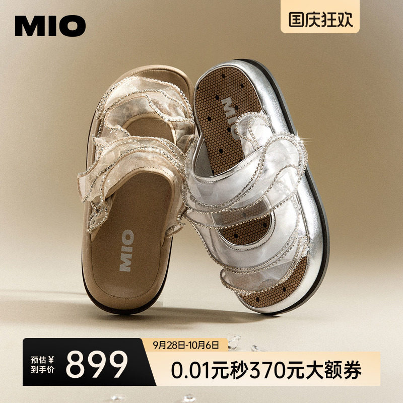 MIO米奥一字拖2026夏季新款厚底增高4.5cm勃肯鞋网纱浪漫女拖鞋图片