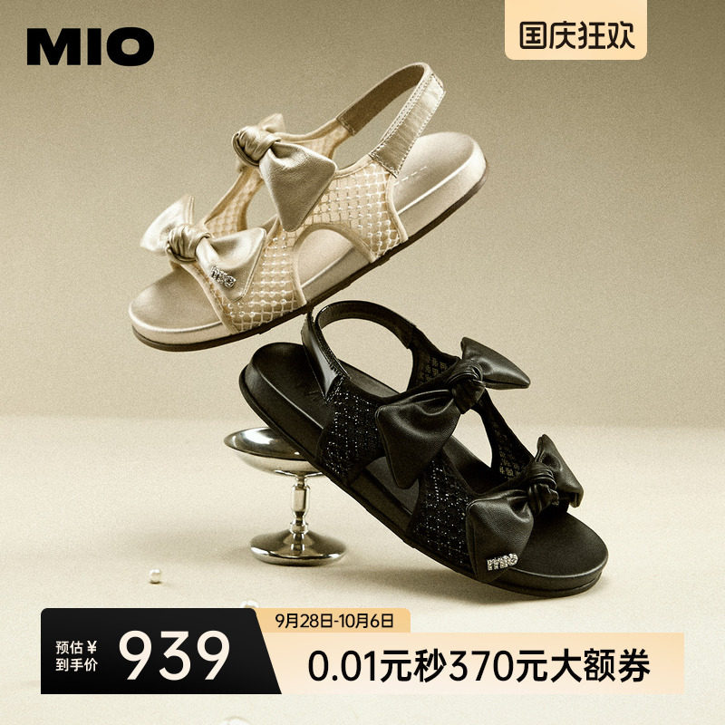 MIO米奥厚底镂空勃肯凉鞋女2026夏季新款蝴蝶结后空外穿平底拖鞋图片