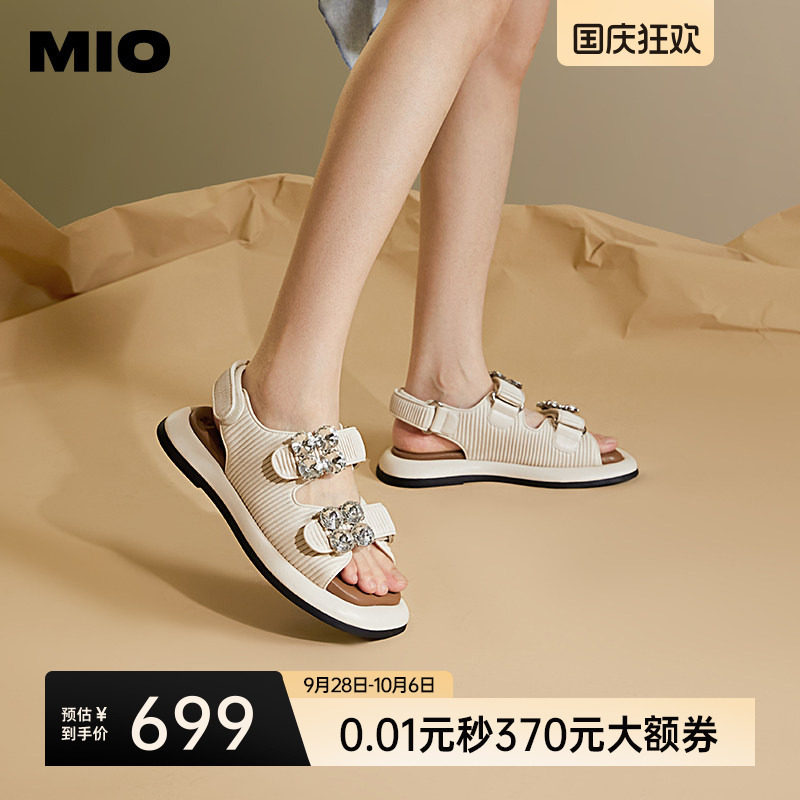 MIO米奥松糕底凉鞋夏季厚底露趾水钻魔术贴休闲拼色女鞋通勤凉拖图片