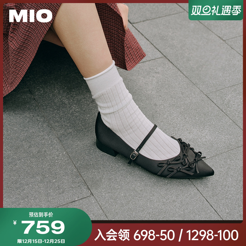 MIO米奥2025春季新款银装芭蕾玛丽珍鞋甜美蝴蝶结尖头坡跟单鞋