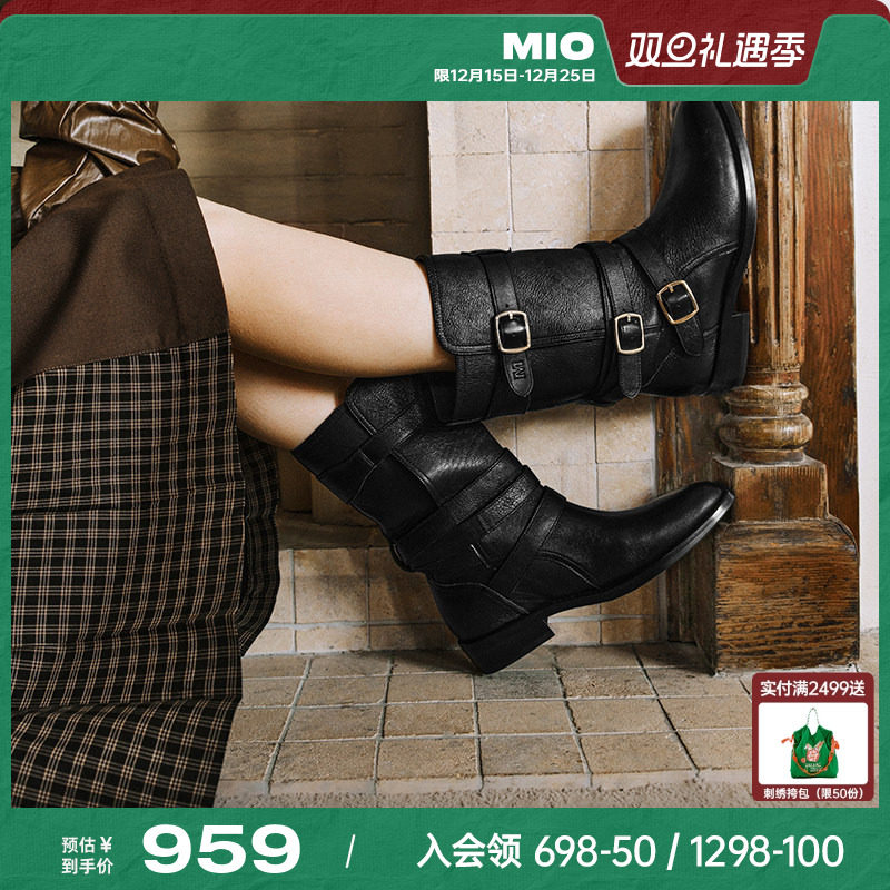 [张钧甯同款]MIO米奥冬中筒靴质感西部骑士靴复古厚底圆头靴子女