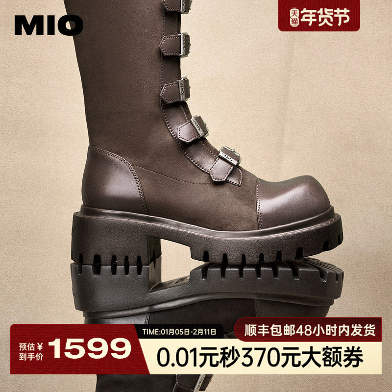 MIO米奥机车骑士靴女款西部牛仔皮扣带2025冬季新款高筒朋克长