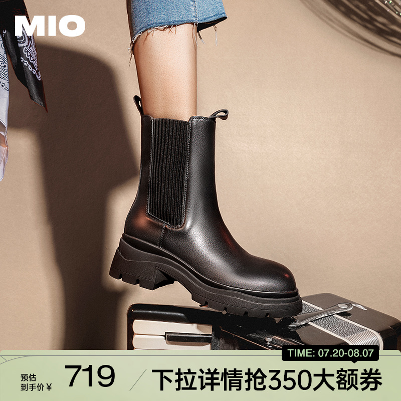 MIO米奥冬季靴子圆头中筒复古短靴厚底黑色切尔西靴潮流女靴