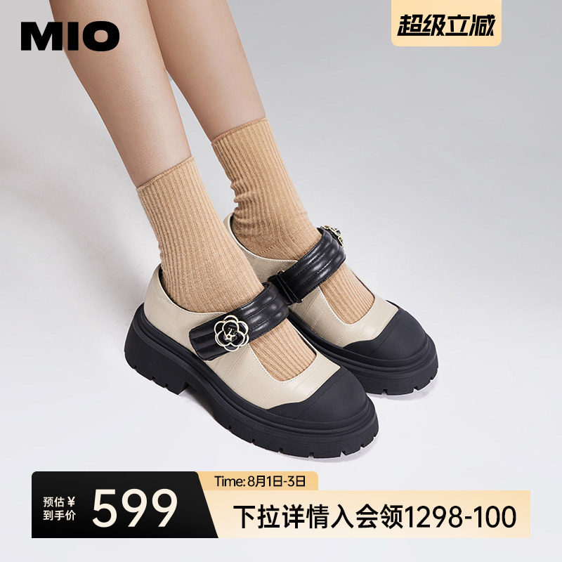 MIO米奥秋季圆头学院厚底玛丽珍复古浪漫山茶花舒适单鞋女