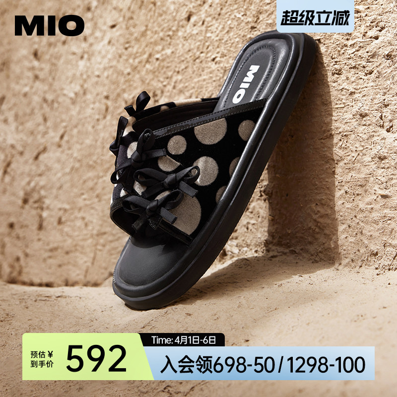 MIO米奥外穿拖鞋女款夏季法式方头蝴蝶结平底度假一字拖凉鞋