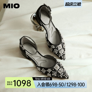 尖头水钻花一字扣中空单鞋 MIO米奥低跟包头凉鞋 2026夏季 新款 女鞋