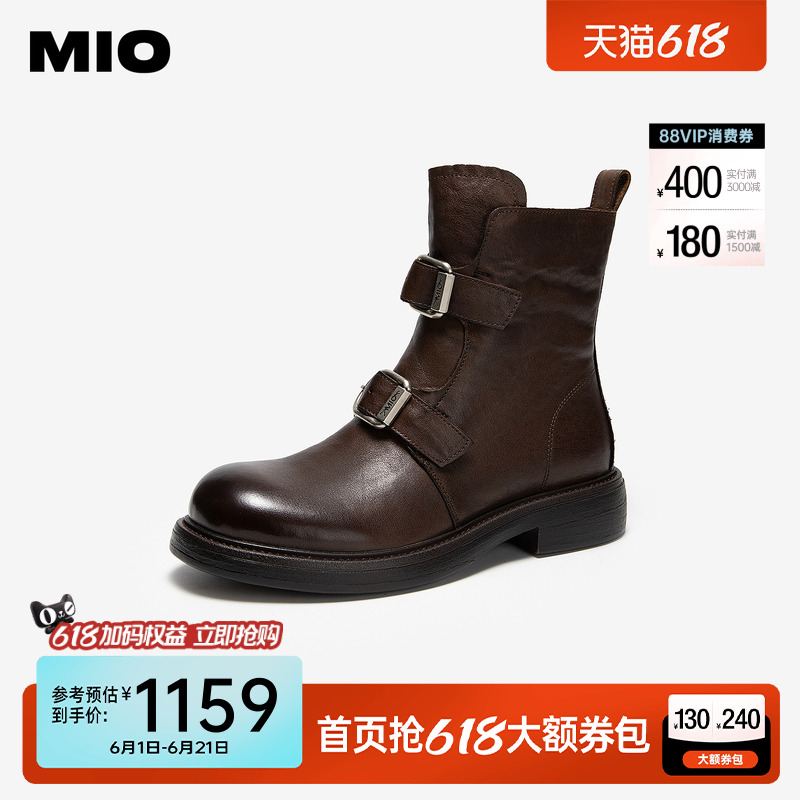 MIO米奥女鞋马丁靴牛皮革皮靴短靴冬新款复古厚底增高皮带扣靴子
