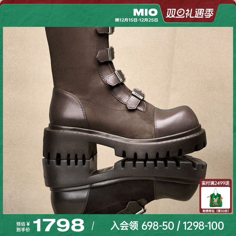MIO米奥机车骑士靴女款西部牛仔皮扣带2025冬季新款高筒朋克长