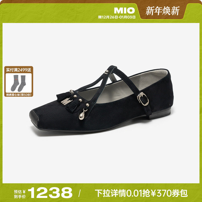 MIO米奥2026春季新款玛丽珍鞋方头低跟T字带扣带流苏浅口单鞋女鞋