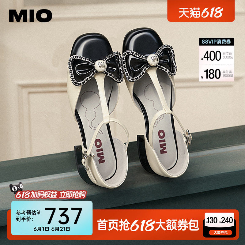 MIO米奥女鞋小香风凉鞋春夏新款甜美链条蝴蝶结法式浅口单鞋皮鞋