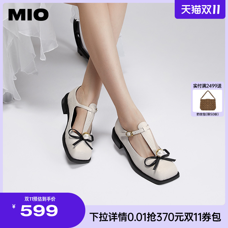 MIO米奥秋季显瘦方头低跟女鞋T字袢带珍珠饰扣减龄玛丽珍女