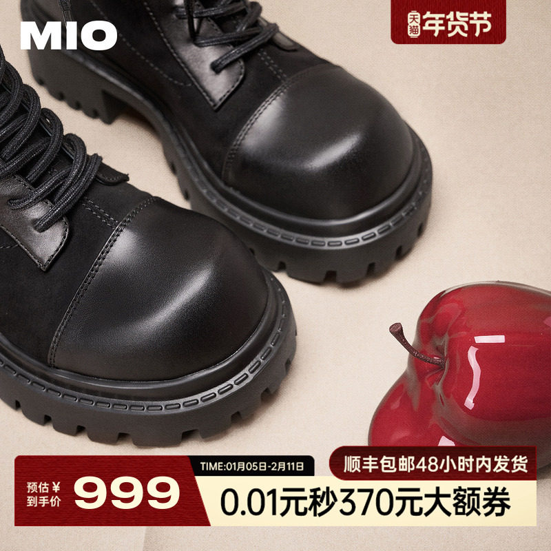 MIO米奥2025冬季新款圆头高跟短筒马丁靴复古扣带厚底增高女靴