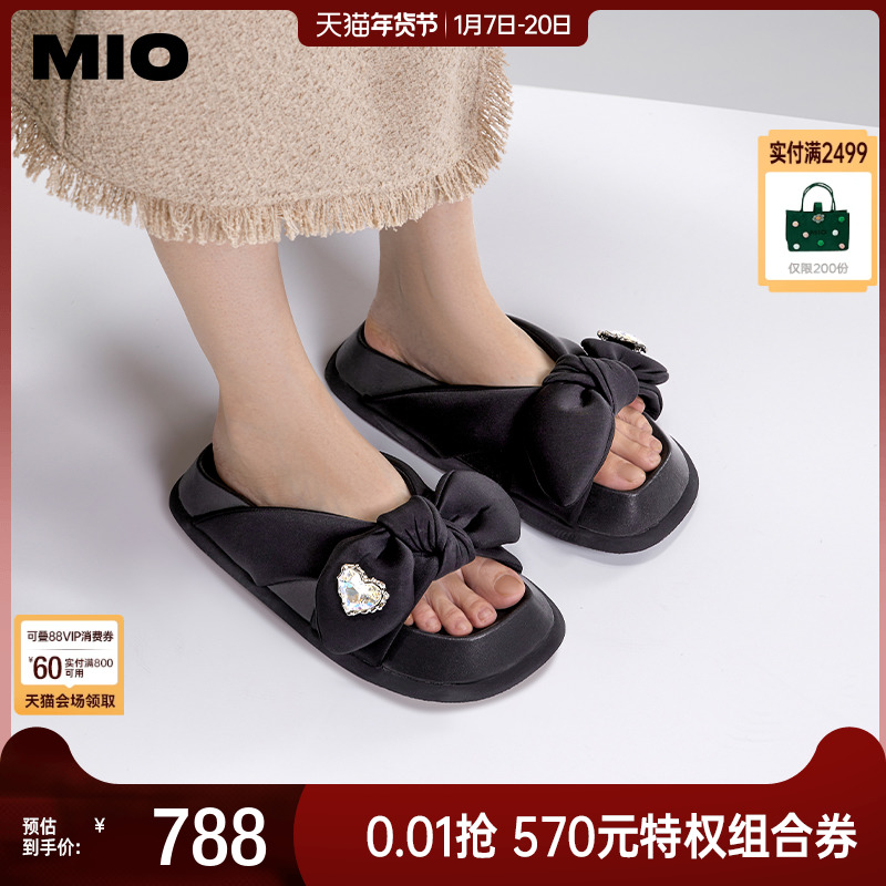 MIO米奥夏季纯色中跟一字拖厚底爱心水钻甜美蝴蝶结复古勃肯拖鞋
