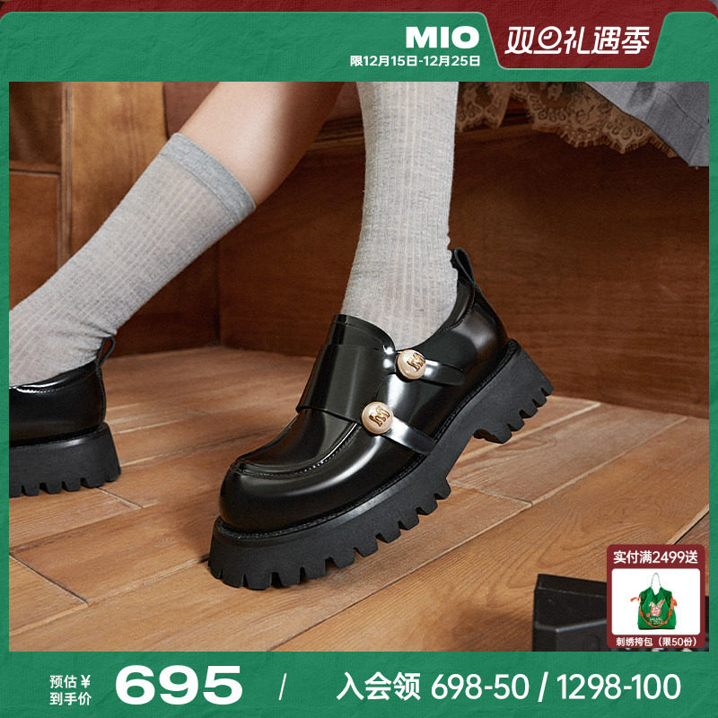 MIO米奥乐福鞋女2025秋英伦粗跟单鞋豆豆鞋厚底黑色双搭扣小皮