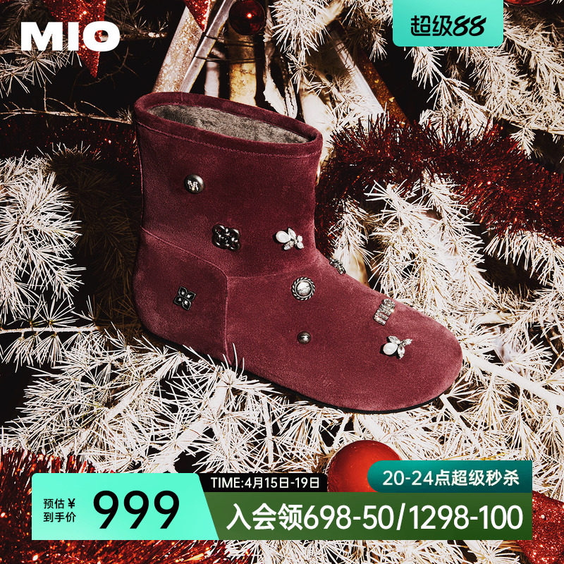 MIO米奥女鞋雪地靴新年红色冬季新款黑咖色棉鞋加绒保暖时装靴子