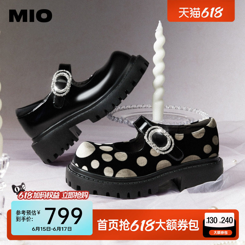 MIO米奥玛丽珍鞋春夏款时尚波点魔术贴厚底增高5cm扣饰单鞋女