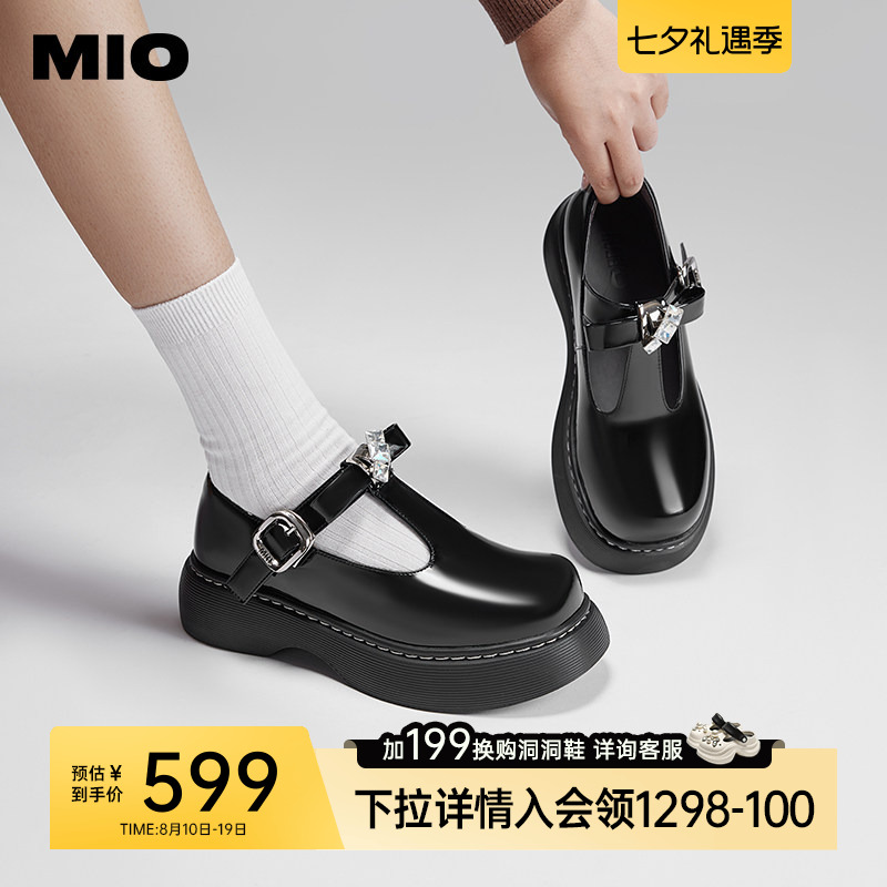MIO米奥秋季萌酷圆头少女玛丽珍复古T字袢带闪钻蝴蝶单鞋女