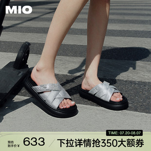 MIO米奧夏季 羊皮革慵懶一字拖女 閃鉆交叉帶式 中跟潮流拖鞋