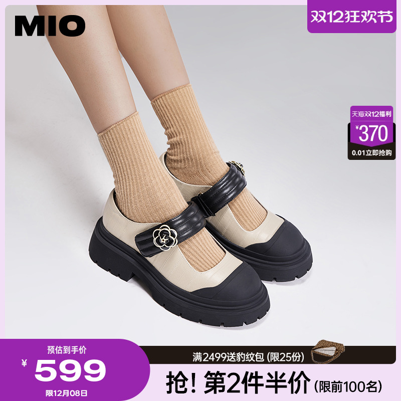 MIO米奥秋季圆头学院厚底玛丽珍复古浪漫山茶花舒适单鞋女