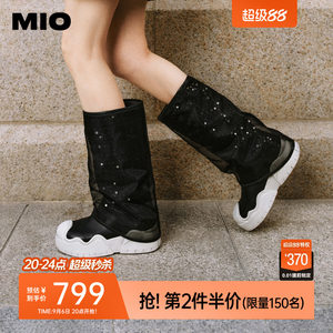 MIO米奥裤管靴冬季机车套筒靴撞色圆头网纱烟筒靴厚底显瘦中筒女