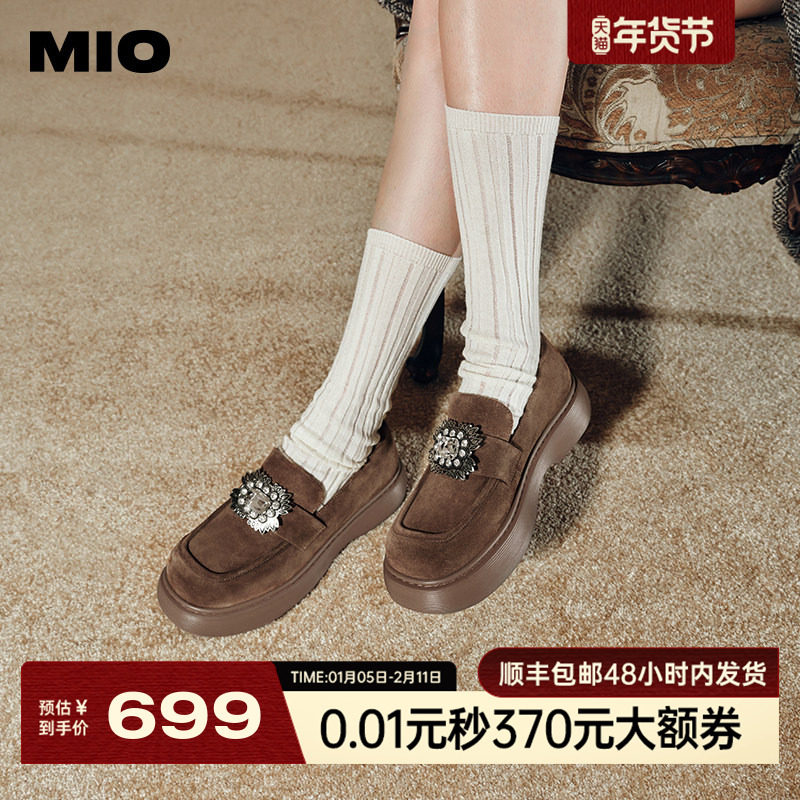 MIO米奥秋季学院风圆头厚底乐福鞋复古钻饰元素显高女鞋