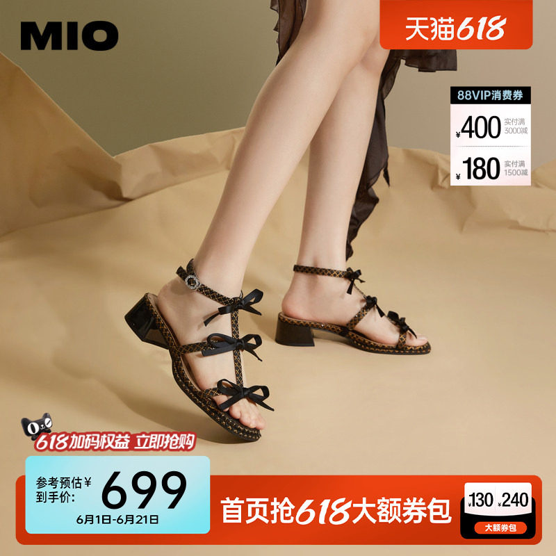 MIO米奥夏季拼色方头时装凉鞋蝴蝶结中跟时尚个性凉鞋女鞋