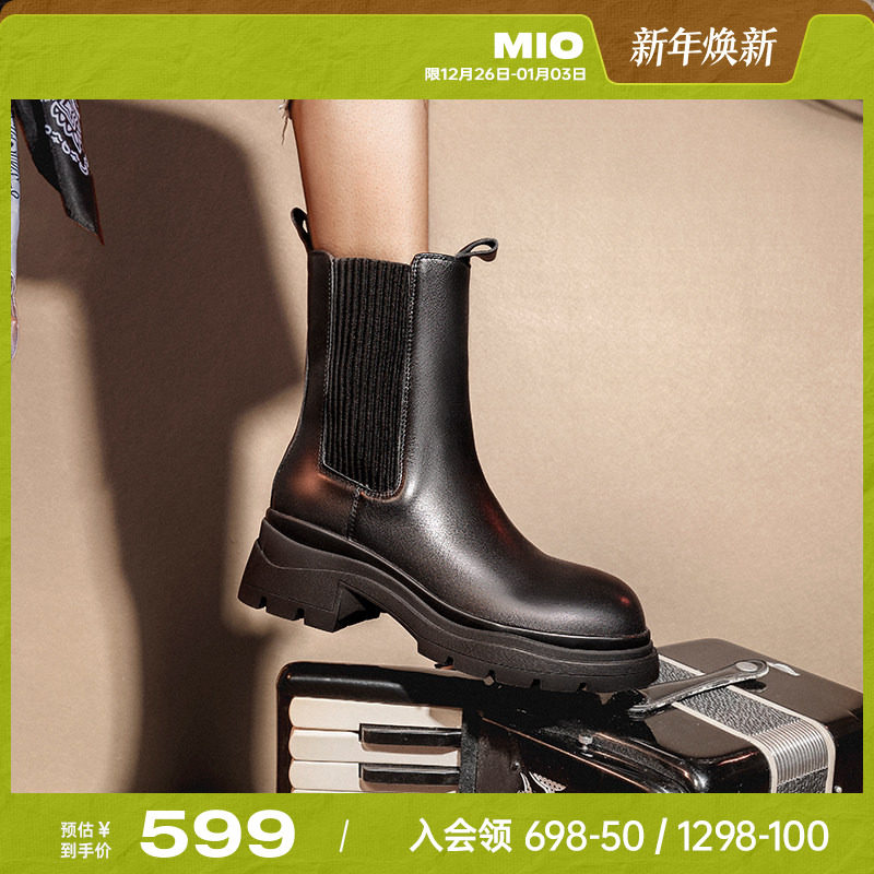 MIO米奥冬季靴子圆头中筒复古短靴厚底黑色切尔西靴潮流女靴