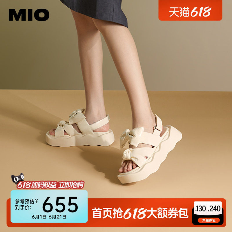 MIO米奥夏季圆头中跟休闲凉鞋蝴蝶结波浪厚底夏日凉鞋女