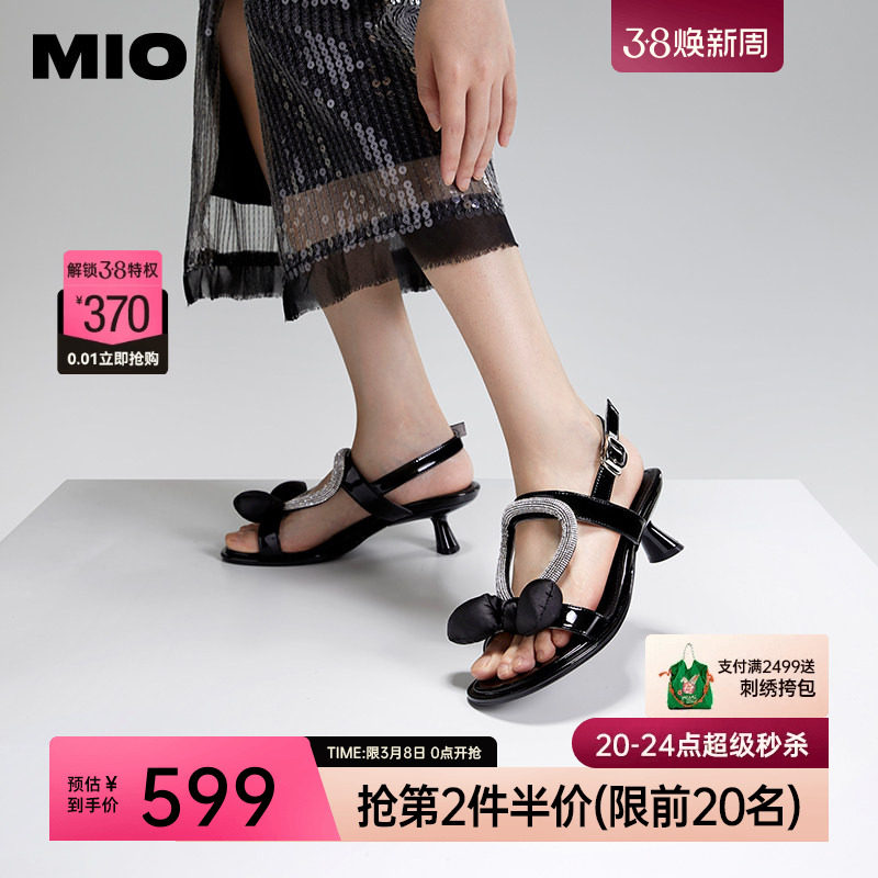 MIO米奥夏季异形跟时装凉鞋小闪钻泡泡蝴蝶结优雅气质高跟凉鞋女