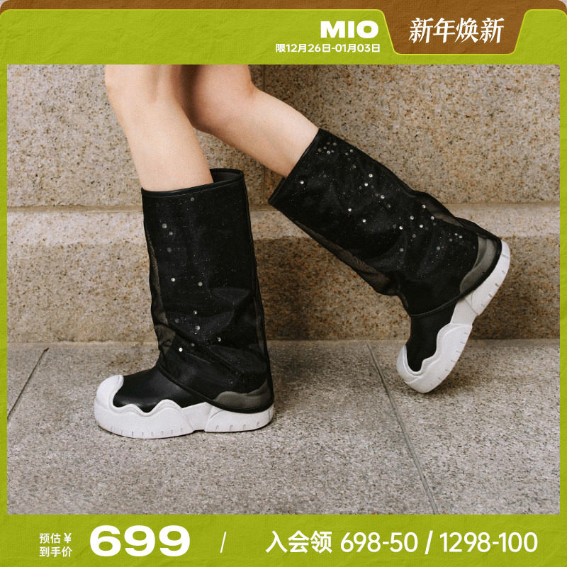 MIO米奥裤管靴冬季机车套筒靴撞色圆头网纱烟筒靴厚底显瘦中筒女