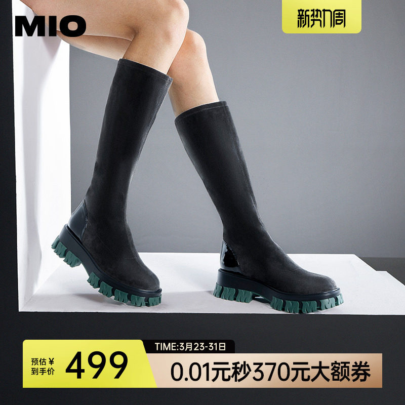 MIO米奥冬季靴子圆头高筒弹力靴英伦风酷感厚底通勤袜靴长筒靴女