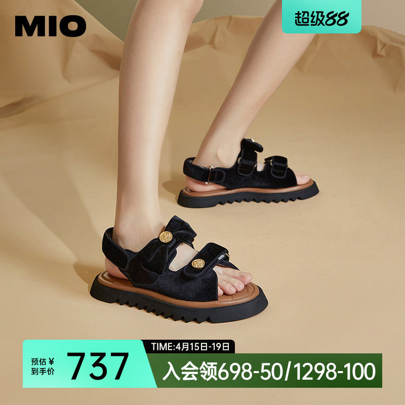 MIO米奥夏季拼色低跟休闲凉鞋蝴蝶结复古轻便凉拖女拖鞋