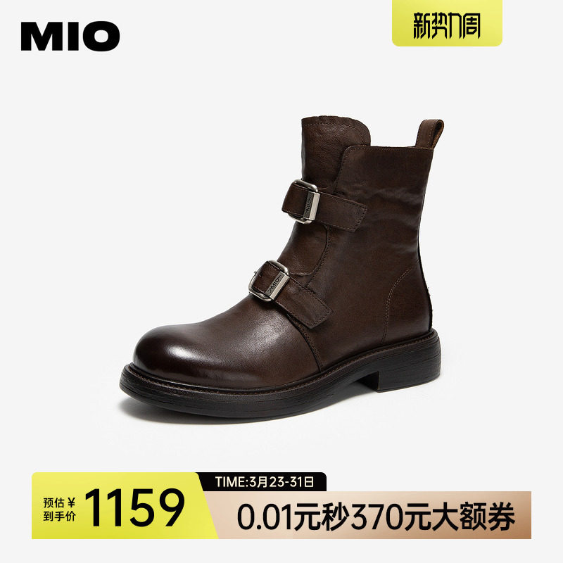 MIO米奥女鞋马丁靴牛皮革皮靴短靴冬新款复古厚底增高皮带扣靴子