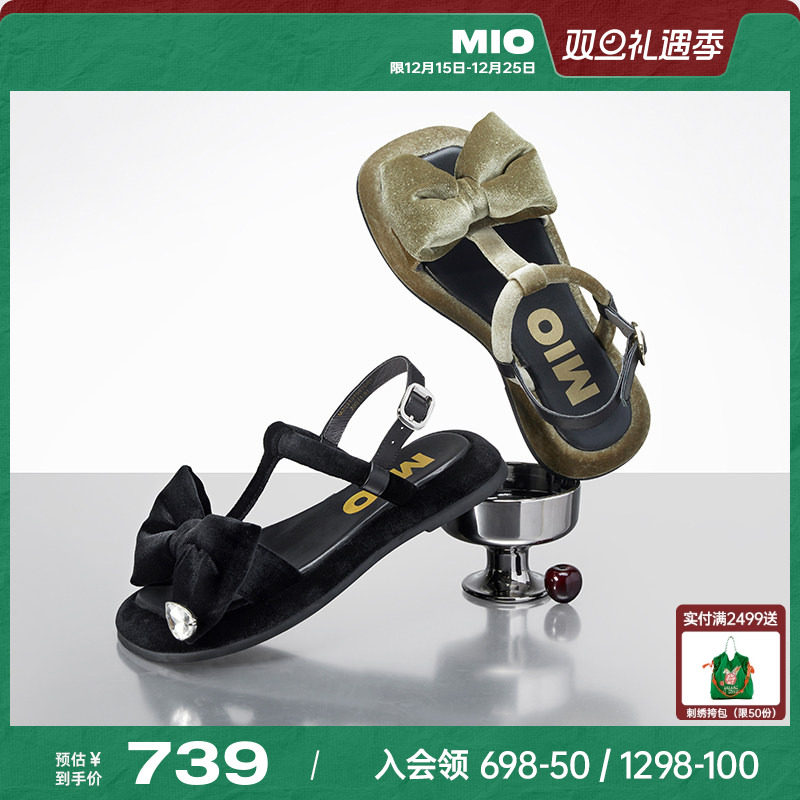 【徐璐同款】MIO米奥夏季纯色中跟凉鞋水滴钻饰蝴蝶结凉鞋女鞋