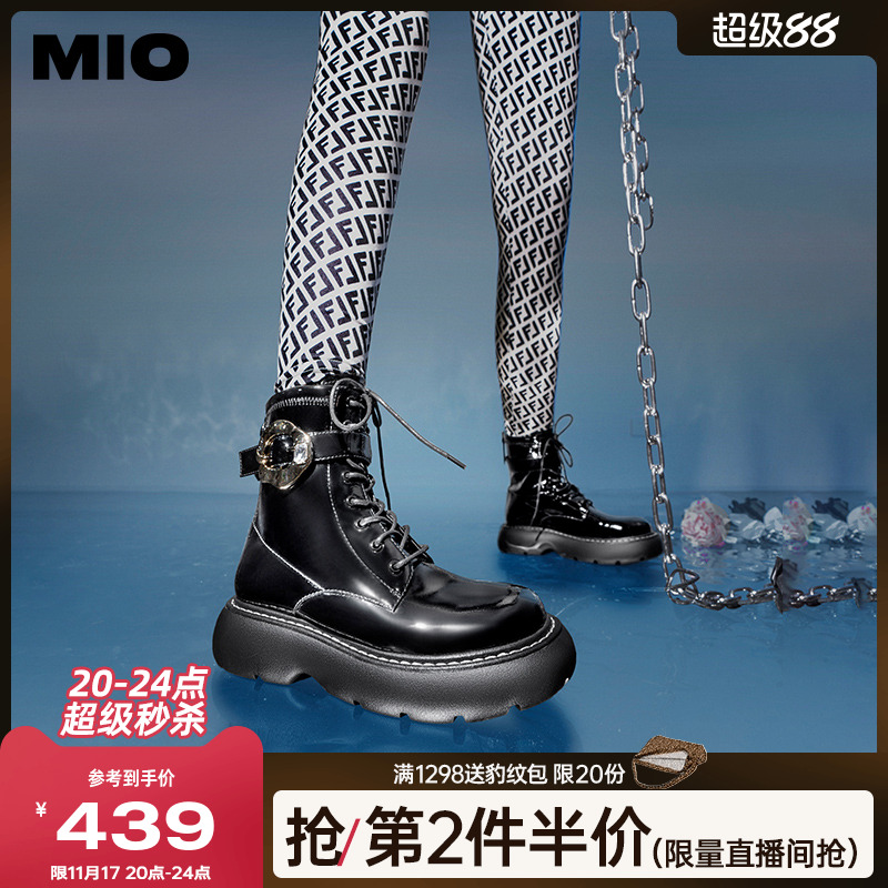 MIO米奥秋冬靴子厚底女靴绑带马衔扣带加绒短靴增高马丁靴工装靴