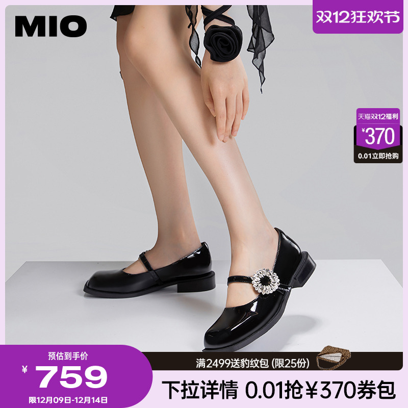 MIO米奥秋季英伦风舒适低跟浅口单鞋花朵钻饰甜酷复古玛丽珍女鞋