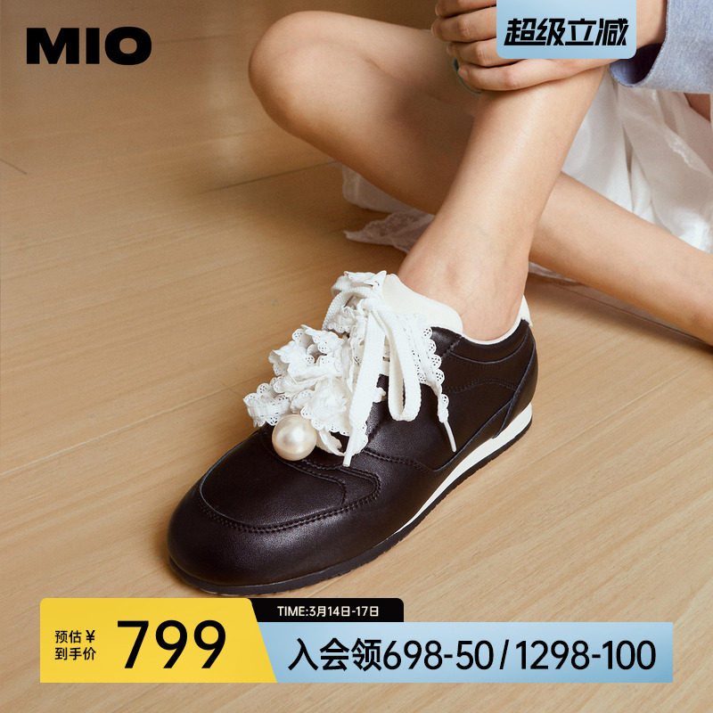 MIO米奥蕾丝德训鞋2026春季新款薄底珍珠单鞋运动鞋芭蕾皮鞋女鞋