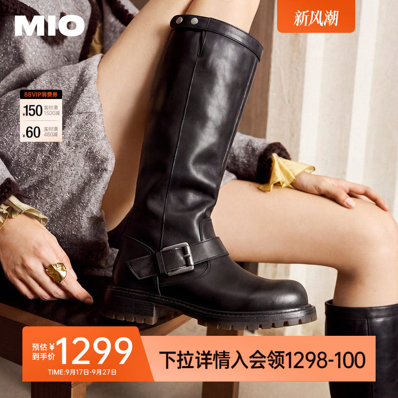 MIO米奥骑士靴2026冬季新款圆头厚底增高铆钉机车风皮带扣女长靴