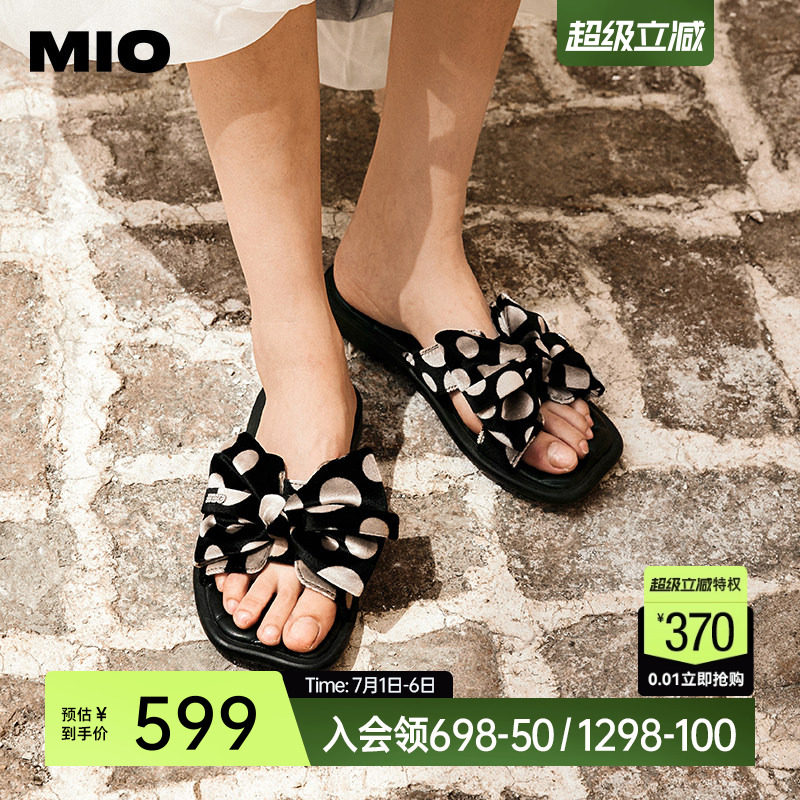 MIO米奥外穿凉拖鞋女夏款法式方头蝴蝶结波点平底一字拖户外拖