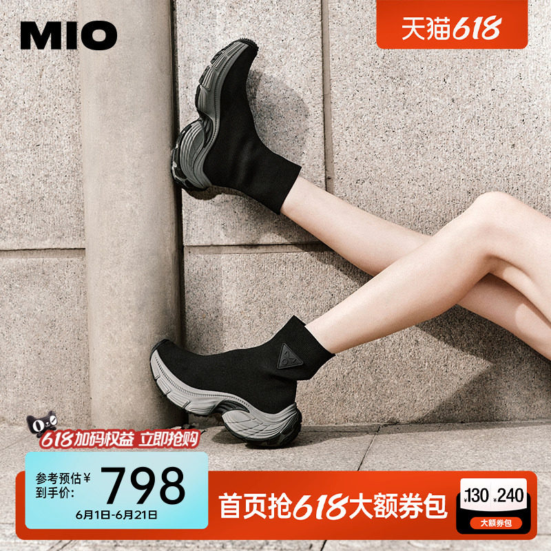 MIO米奥冬季轮胎底瘦瘦靴中筒靴潮流厚底运动靴酷飒袜靴弹力靴女