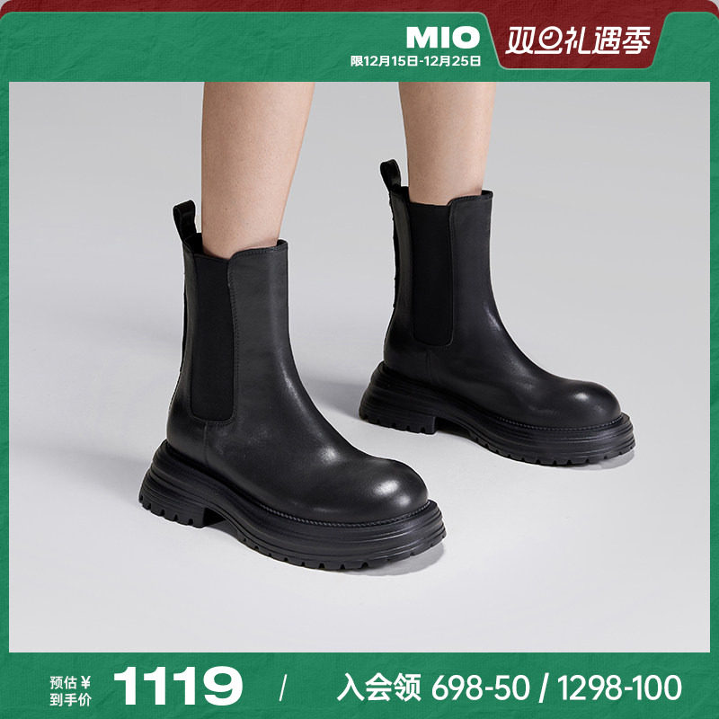 MIO米奥冬季简约风酷感厚底圆头切尔西靴小众黑色靴子女经典短靴