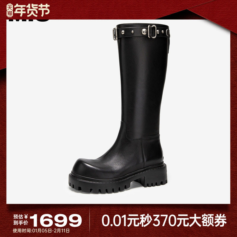 MIO米奥机车骑士靴厚底5cm女鞋冬季新款韩系铆钉黑色牛皮革长靴,女鞋,骑士靴,淘宝优惠券,粉丝福利购,淘宝优惠卷
