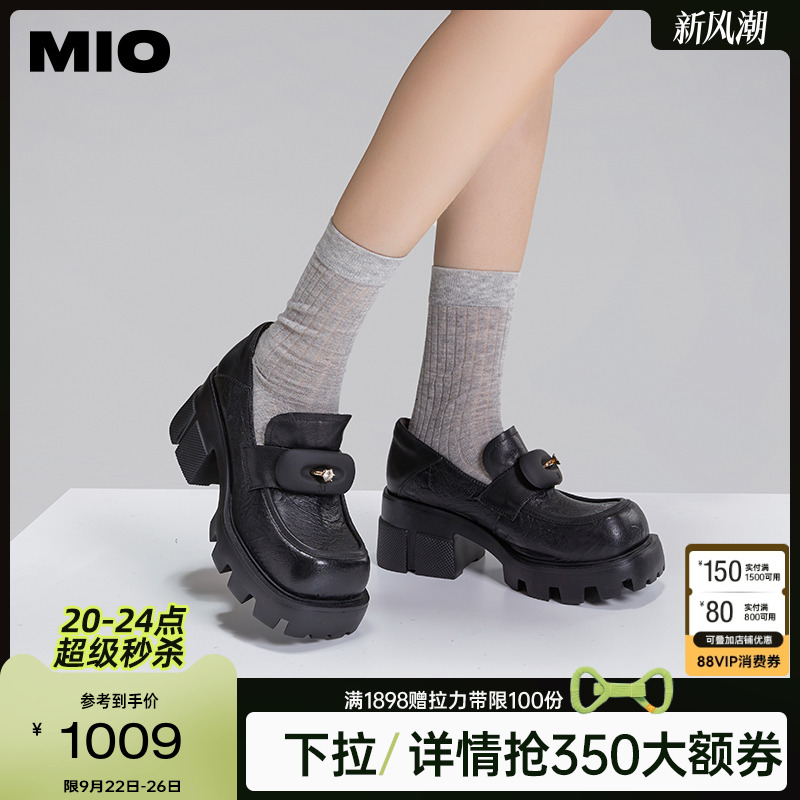 MIO米奥秋季方头高跟黑色乐福鞋复古学院通勤深口单鞋女鞋