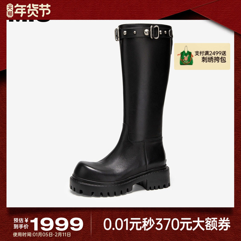 MIO米奥机车骑士靴厚底5cm女鞋冬季新款韩系铆钉黑色牛皮革长靴,女鞋,骑士靴,淘宝优惠券,粉丝福利购,淘宝优惠卷