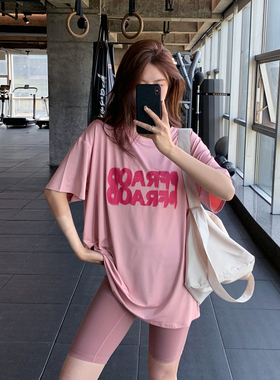 显瘦宽松大码胖mm女健身服瑜伽服上衣速干跑步长款字母运动T恤衫