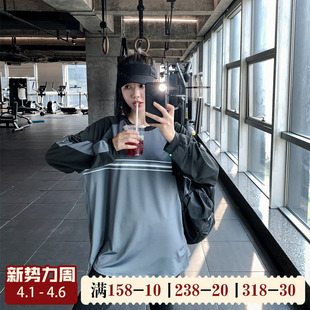 韩版 宽松健身服女瑜伽服跑步速干T恤网红ins拼袖 运动上衣罩衫 大码