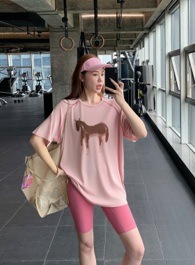 宽松显瘦健身服大码胖mm跑步瑜伽上衣速干印花运动T恤女长款罩衫