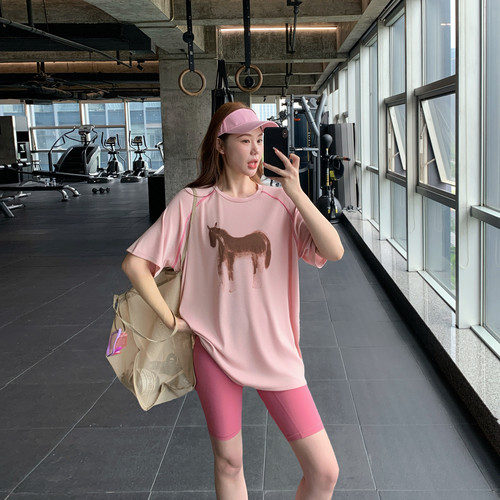 宽松显瘦健身服大码胖mm跑步瑜伽上衣速干印花运动T恤女长款罩衫